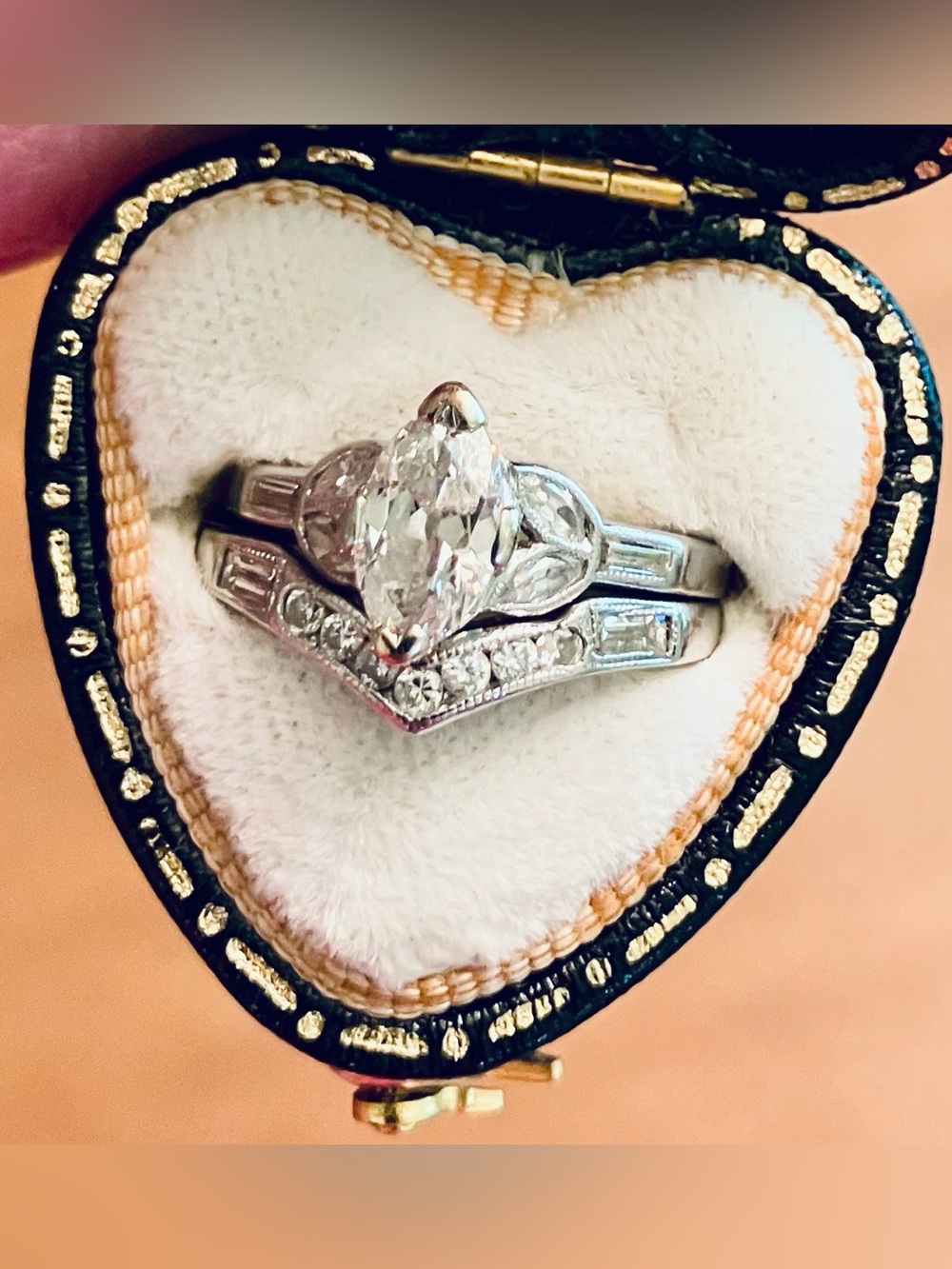 Antique Platinum European Cut Diamond Engagement Ring & Custom Diamond Band - Picture 5 of 6